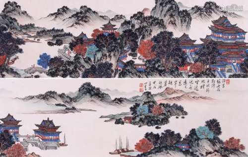 CHINESE SCROLL PAINTING OF PALACE IN MOUNTAIN SIGNED BY PURU