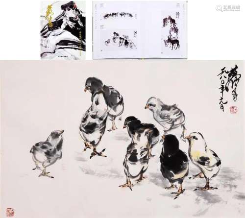 CHINESE SCROLL PAINTING OF CHICKS SIGNED BY HUANGZHOU WITH P...