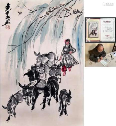 CHINESE SCROLL PAINTING OF GIRL AND DONKEY SIGNED BY HUANG Z...