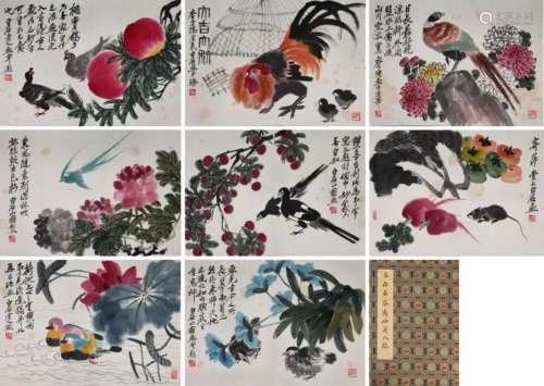 EIGHT PAGES OF CHINESE ALBUM PAINTING OF BIRD AND FLOWER SIG...