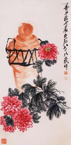 CHINESE SCROLL PAINTING OF FLOWER AND WINE SIGNED BY QI BAIS...
