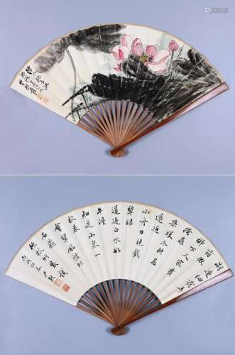 CHINESE FAN PAINTING OF LOTUS SIGNED BY ZHANG DAQIAN AND CAL...