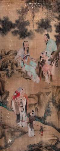 CHINESE SCROLL PAINTING OF MEN UNDER TREE SIGNED BY LENGMEI