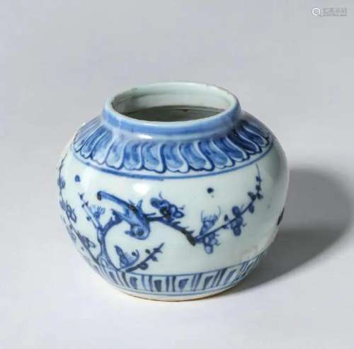 CHINESE PORCELAIN BLUE AND WHITE BIRD AND FLOWER WATER JAR