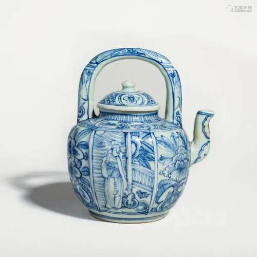 CHINESE PORCELAIN BLUE AND WHITE FIGURES AND STORY HANDLED T...