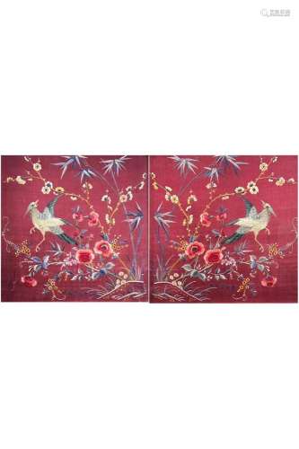 PAIR OF CHINESE CANTON RED EMBROIDERY TAPESTRY OF BIRD AND F...