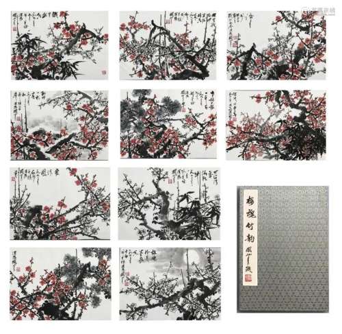 TEN PAGES OF CHINESE ALBUM PAINTING OF PLUM BLOSSOMMINGS SIG...