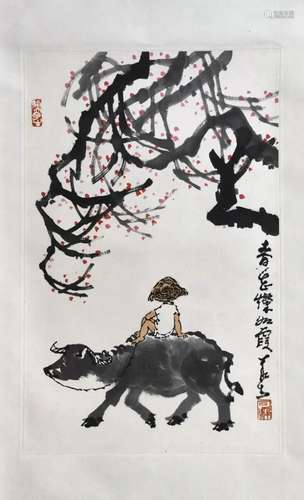 CHINESE SCROLL PAINTING OF BOY ON OX SIGNED BY LI KERAN