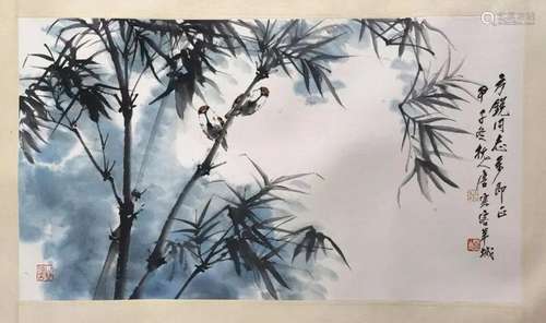 CHINESE SCROLL PAINTING OF BIRD AND BAMBOO SIGNED BY TANGYUN