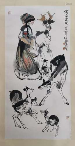 CHINESE SCROLL PAINTING OF GIRL AND DEER SIGNED BY CHENG SHI...