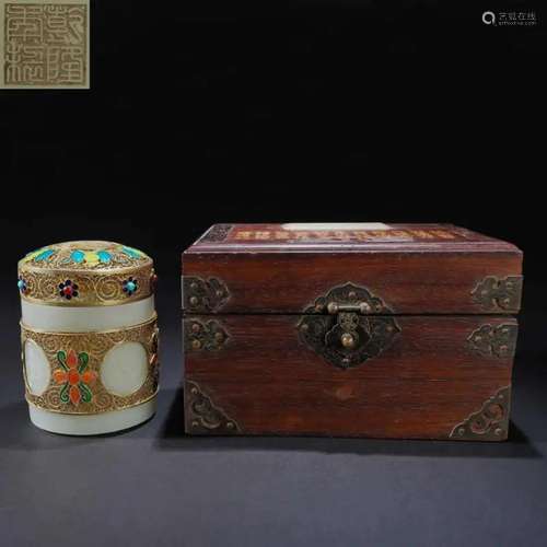 CHINESE GILT SILVER ENAMEL WHITE JADE LIDDED BOX IN HARDWOOD...