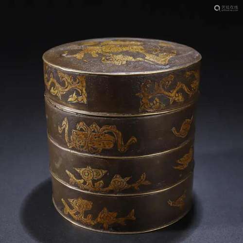 CHINESE GOLD INLAID TIN LAYERED ROUND BOX