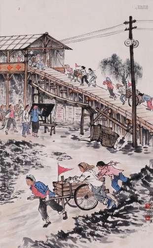 CHINESE SCROLL PAINTING OF WORK SITES VIEWS SIGNED BY QIAN S...
