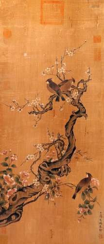 CHINESE SCROLL PAINTING OF BIRD ON TREE SIGNED BY JIANG TING...