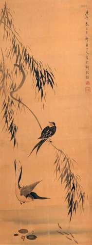 CHINESE SCROLL PAINTING OF BIRD AND WILLOW SIGNED BY HUA YAN