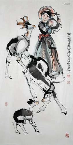 CHINESE SCROLL PAINTING OF GIRL WITH DEER SIGNED BY CHENG SH...