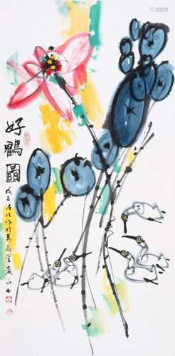 CHINESE SCROLL PAINTING OF LOTUS AND CRANE SIGNED BY HUANG Y...