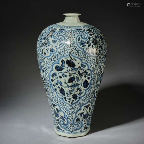 A blue and white 'Mantis and grass'prunus vase,Yuan dynasty
