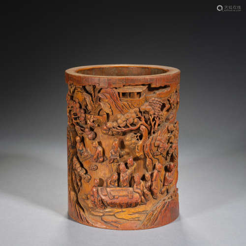 A carved bamboo brush pot , Qing dynasty