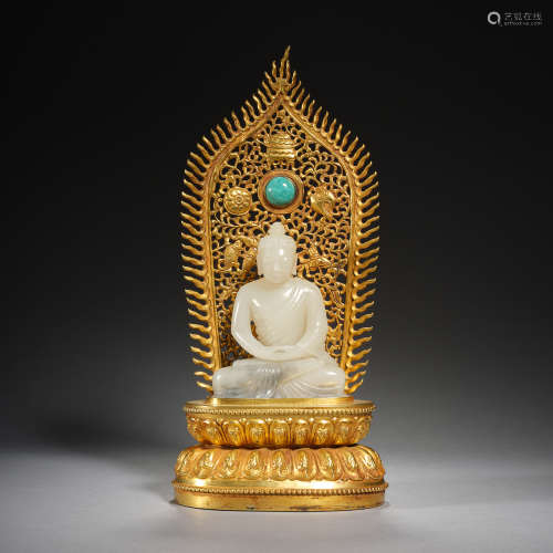 Hetian white jade buddha gilded base,Qing dynasty