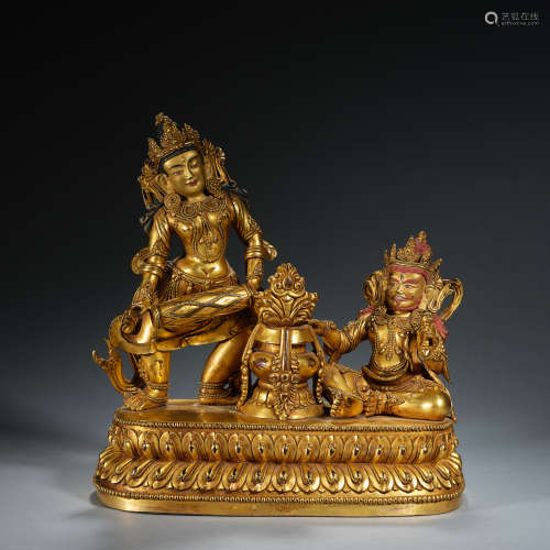 A gilt-copper alloy figure 'two buddha with an auspicious va...