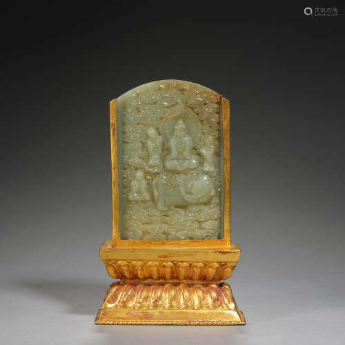 A small and rare spinach-green jade screen of Buddha and cop...