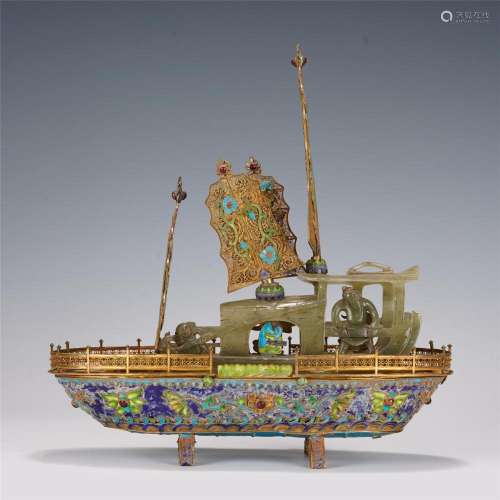 A CHINESE JADE INLAID COLOR-ENAMELED GILT SILVER BOAT