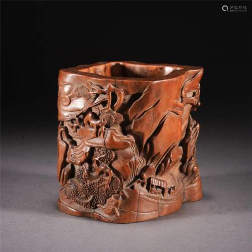A CHINESE BOXWOOD CARVED BRUSH POT