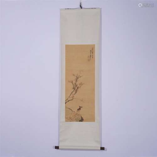 A CHINESE PAINTING OF PINE AND DEER