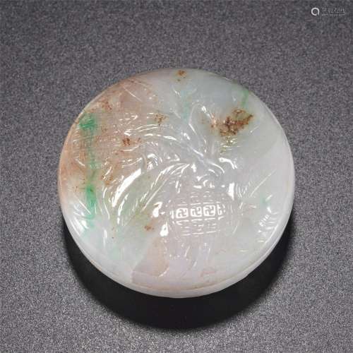 A CHINESE JADEITE CARVED CIRCULAR BOX WITH COVER