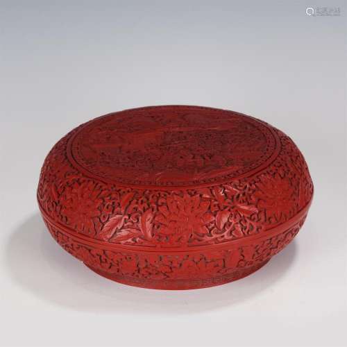 A CHINESE CARVED CINNABAR LACQUER BOX WITH COVER
