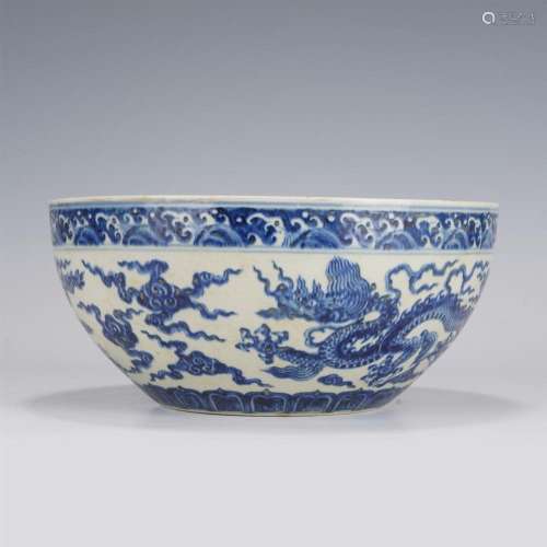 A CHINESE BLUE AND WHITE DRAGONS BOWL