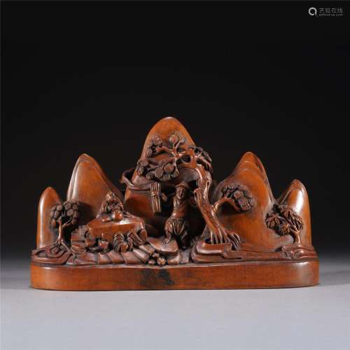 A CHINESE BOXWOOD LANDSCAPE AND FIGURES BRUSH REST