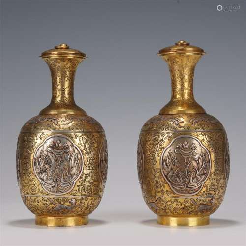 PAIR CHINESE SILVER INLAID BRONZE GILT COVERED VASES