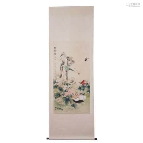 A CHINESE PAINTING OF FLORAL AND CAT