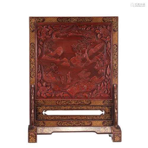 A CHINESE TIXI LACQUER CARVED FIGURE STORY TABLE SCREEN
