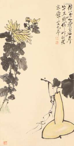 A CHINESE PAINTING OF FLOWERS AND GOURD