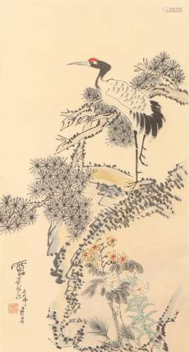 A CHINESE PAINTING OF CRANE AND PINE TREE