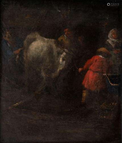 Dutch School, 18th Century- Four figures with cow; oil on pa...