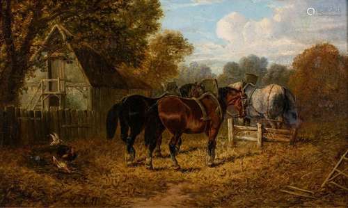 Ludwig Hartmann, German 1835-1902- At the farm; oil on board...