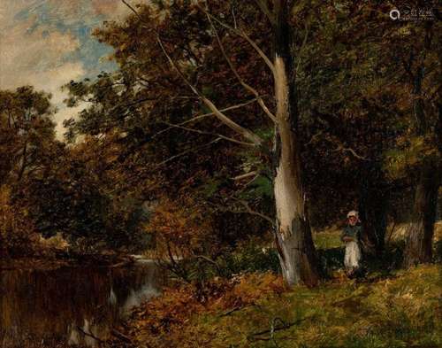 David Bates, British 1840-1921- A wooded landscape on the Ri...