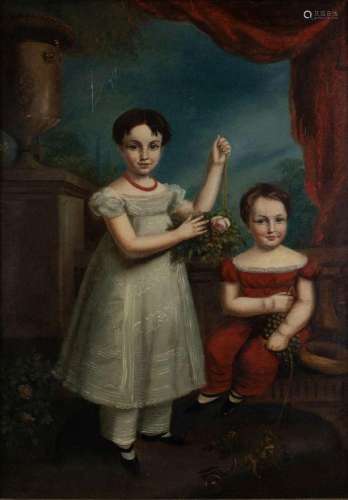 American School, mid 19th Century- Double Portrait: Two girl...