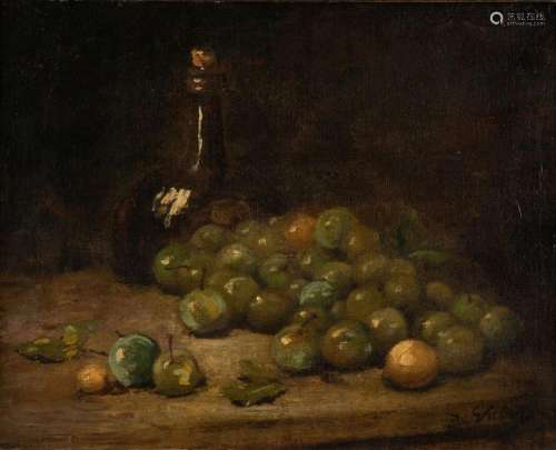 Antoine Vollon, French 1833-1900- Wine bottle and greengages...