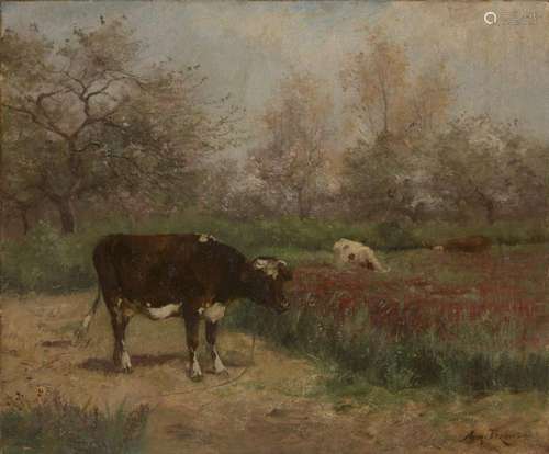 Aymar Alexandre Pezant, French 1846-1916- Cows grazing in a ...