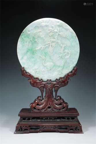 A CHINESE JADEITE CARVED CRANE AND PINE TREE TABLE SCREEN