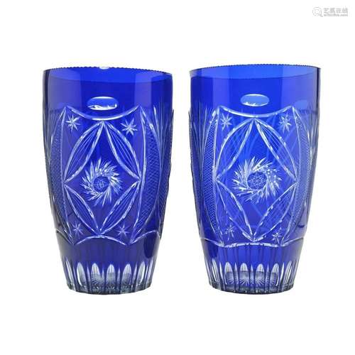 Pair of Moser Style Blue to Clear Vases.