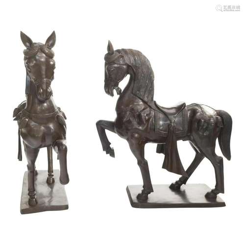 Pair of Patinated Metal Caparisoned Horses.