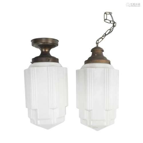 Two Art Deco Skyscraper Milk Glass Hanging Lamp