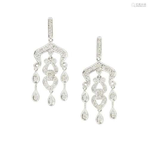 Pair of Diamond, 14k White Gold Earrings.