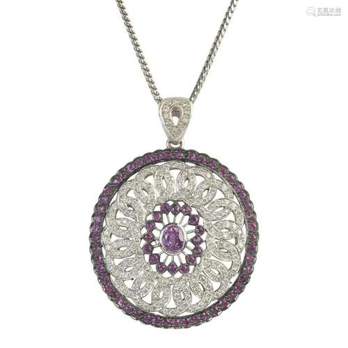 Pink Sapphire, Diamond, 14k White Gold Pendant Necklace